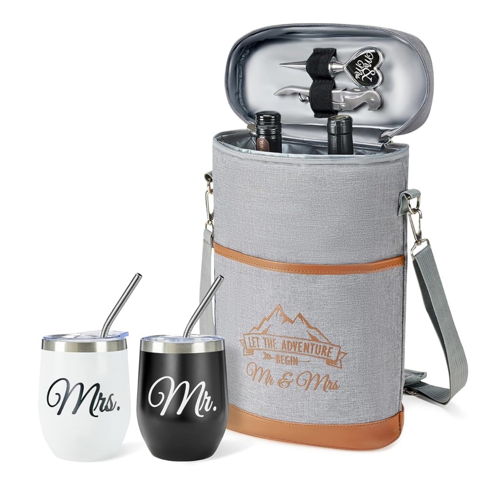 Mr. & Mrs. Wine Tote Set with Tumblers - Gray and Black
